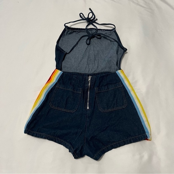 Urban Outfitters Rainbow Stripe Denim Halter Romper - Picture 2 of 3